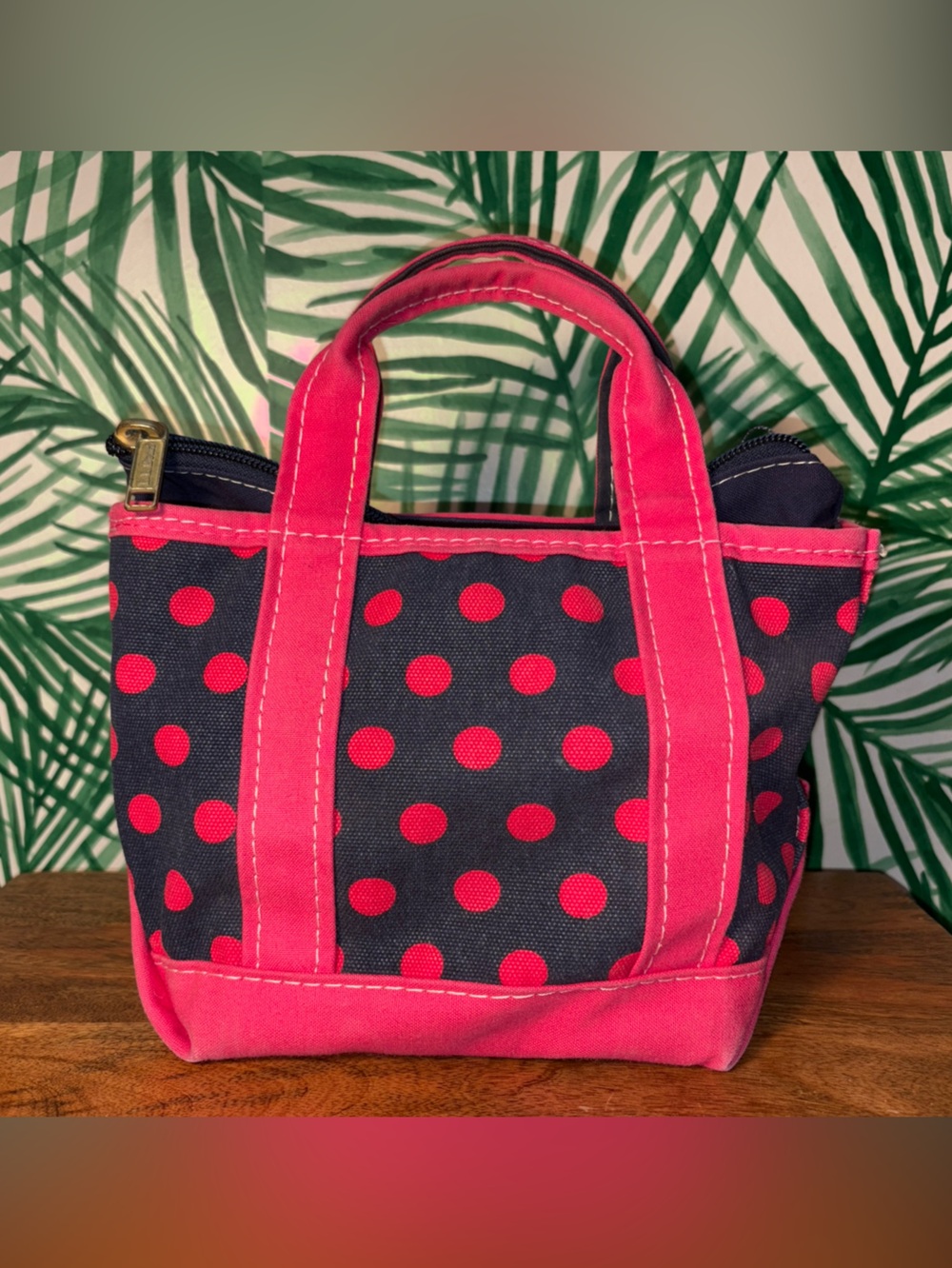 Vintage L.L. Bean Mini Boat and Tote Pink/Navy Polka Dot Canvas Bag